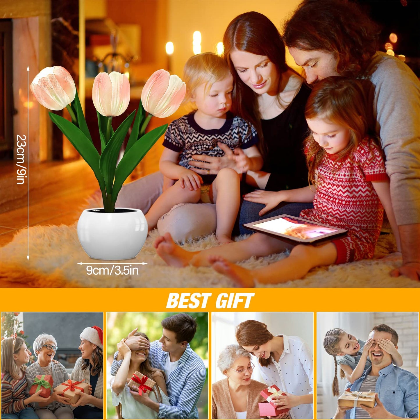 LED Tulip Night Light Simulation Flower Table Lamp Home Decoration Atmosphere Lamp Romantic Potted Gift for Office/Room/Bar/Cafe