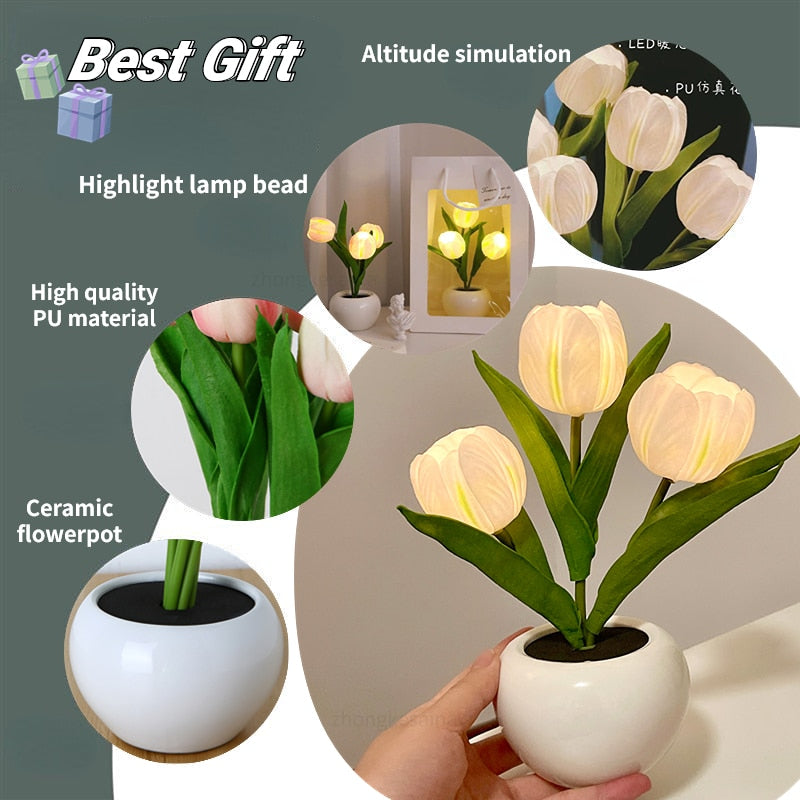 LED Tulip Night Light Simulation Flower Table Lamp Home Decoration Atmosphere Lamp Romantic Potted Gift for Office/Room/Bar/Cafe