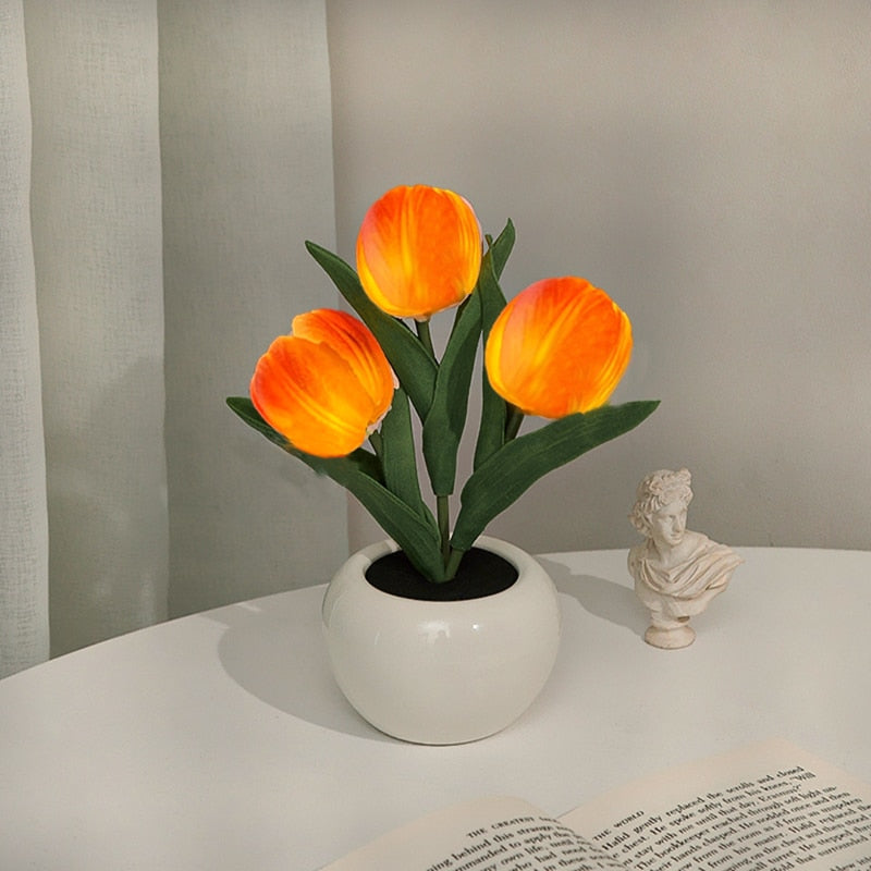 LED Tulip Night Light Simulation Flower Table Lamp Home Decoration Atmosphere Lamp Romantic Potted Gift for Office/Room/Bar/Cafe