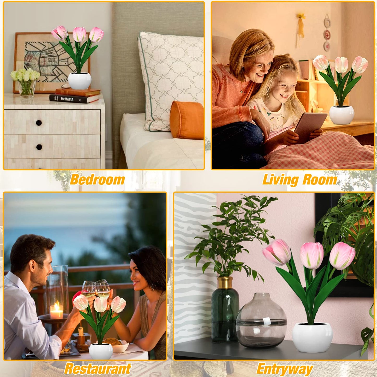 LED Tulip Night Light Simulation Flower Table Lamp Home Decoration Atmosphere Lamp Romantic Potted Gift for Office/Room/Bar/Cafe