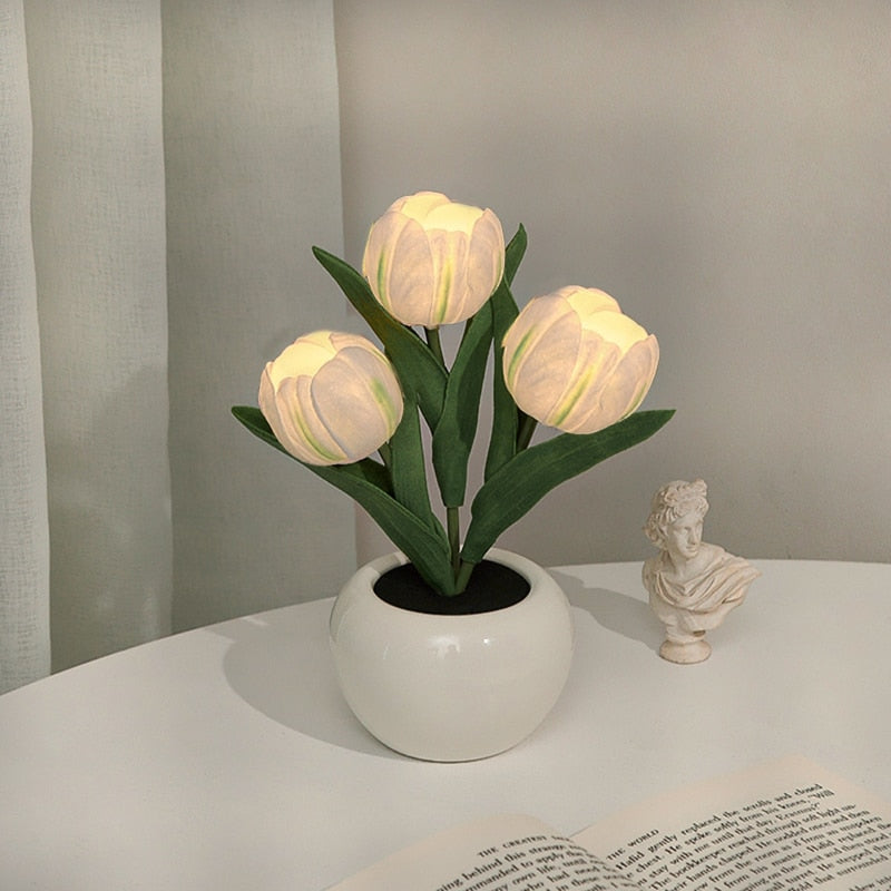 LED Tulip Night Light Simulation Flower Table Lamp Home Decoration Atmosphere Lamp Romantic Potted Gift for Office/Room/Bar/Cafe