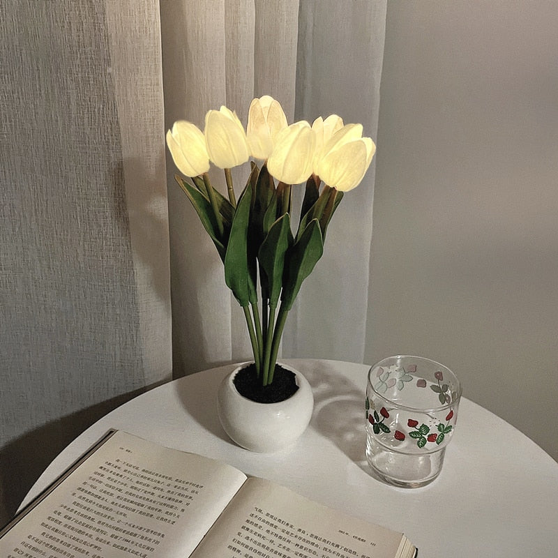 LED Tulip Night Light Simulation Flower Table Lamp Home Decoration Atmosphere Lamp Romantic Potted Gift for Office/Room/Bar/Cafe