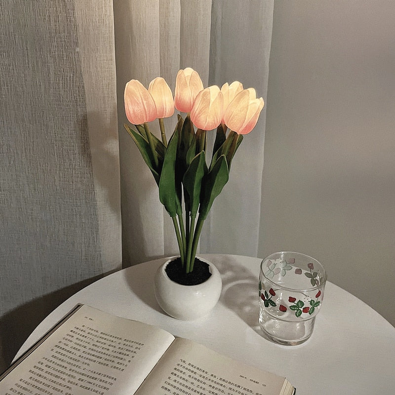 LED Tulip Night Light Simulation Flower Table Lamp Home Decoration Atmosphere Lamp Romantic Potted Gift for Office/Room/Bar/Cafe