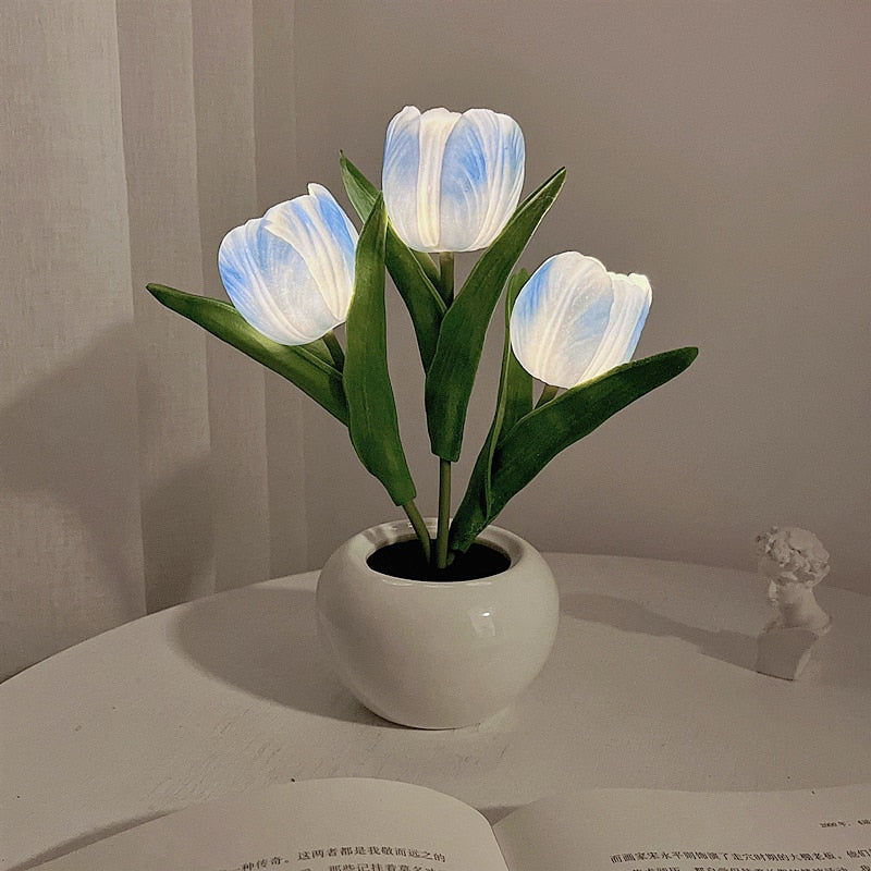 LED Tulip Night Light Simulation Flower Table Lamp Home Decoration Atmosphere Lamp Romantic Potted Gift for Office/Room/Bar/Cafe