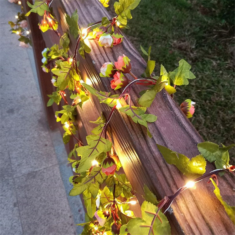 Flower Green Leaf String Lights Artificial Vine Fairy Lights Battery Powered Christmas Tree Garland Light for Weeding Home Decor