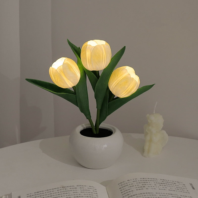 LED Tulip Night Light Simulation Flower Table Lamp Home Decoration Atmosphere Lamp Romantic Potted Gift for Office/Room/Bar/Cafe