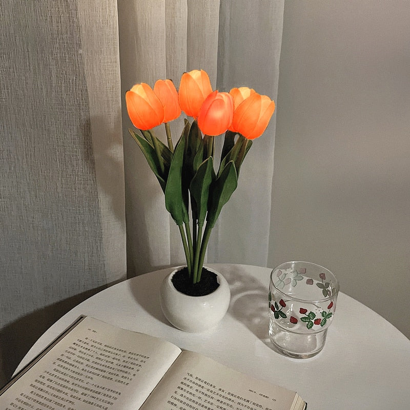 LED Tulip Night Light Simulation Flower Table Lamp Home Decoration Atmosphere Lamp Romantic Potted Gift for Office/Room/Bar/Cafe