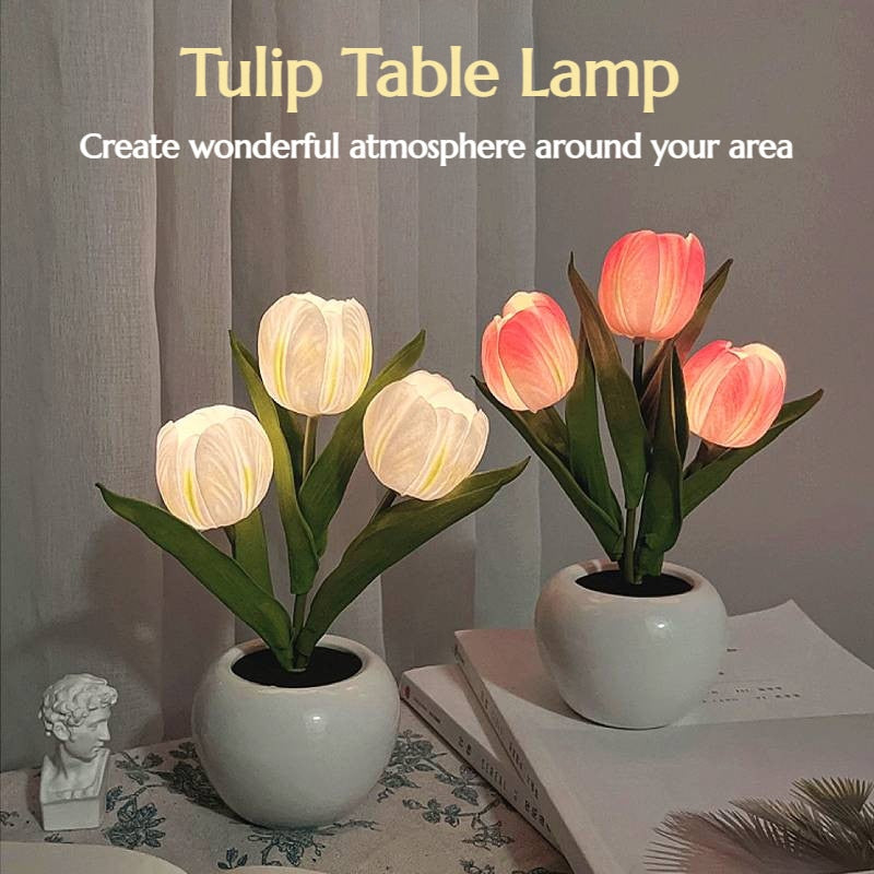 LED Tulip Night Light Simulation Flower Table Lamp Home Decoration Atmosphere Lamp Romantic Potted Gift for Office/Room/Bar/Cafe